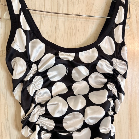 Vintage Women's Small Black and White Polka Dot Silky Ruched Tank Top - Picture 4 of 8